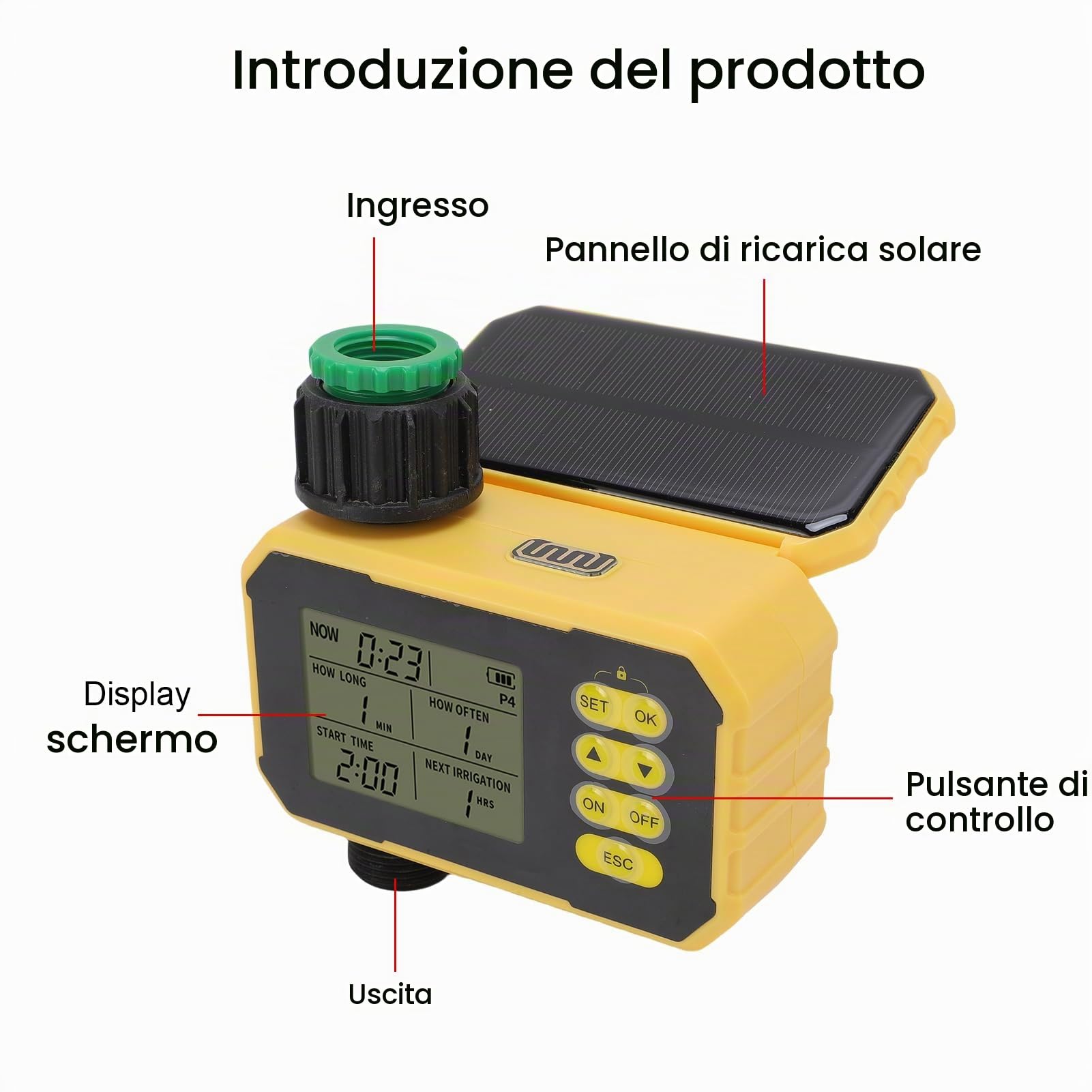 Timer di Irrigazione del Pannello Solare, Timer D'acqua Intelligente con Sensore Pioggia, Controller di Irrigazione Valvola di Irrigazione Automatica per Prato Tubi Giardino