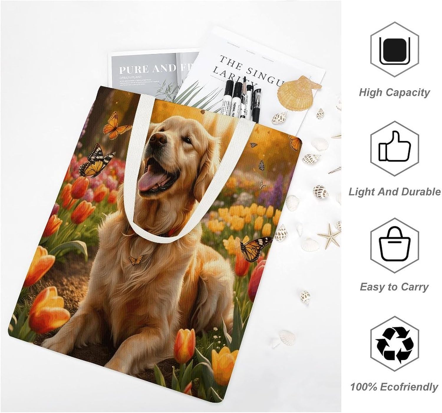 Golden Retriever Canvas Tote Bag Reusable Grocery Bags Foldable Soft Cotton Shoulder Carry Bag