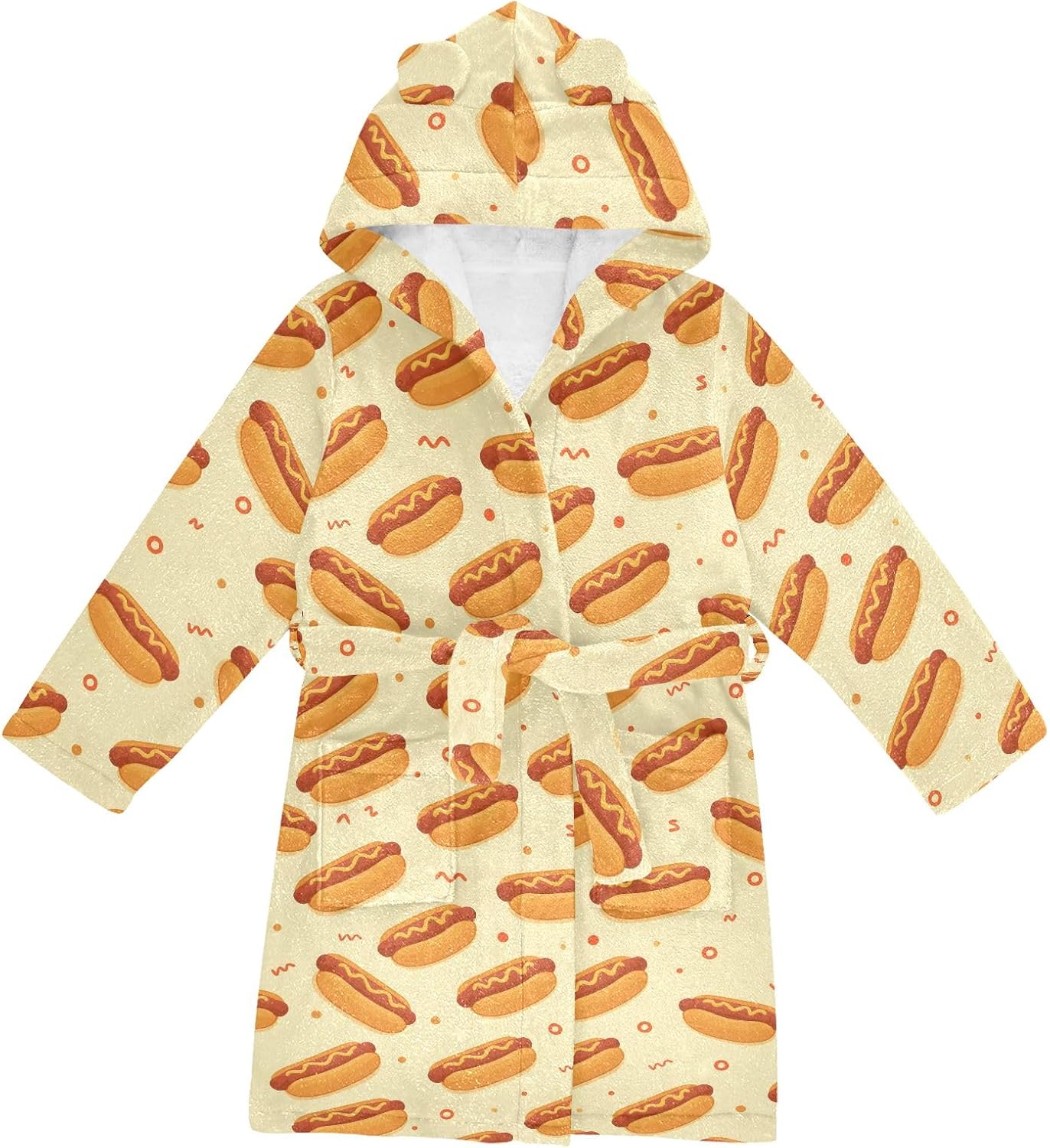 Cartoon Hot Dog Pattern Toddler Hooded Bathrobe for Boys Girls Soft Plush Bath Towel Robe 2-12 Years