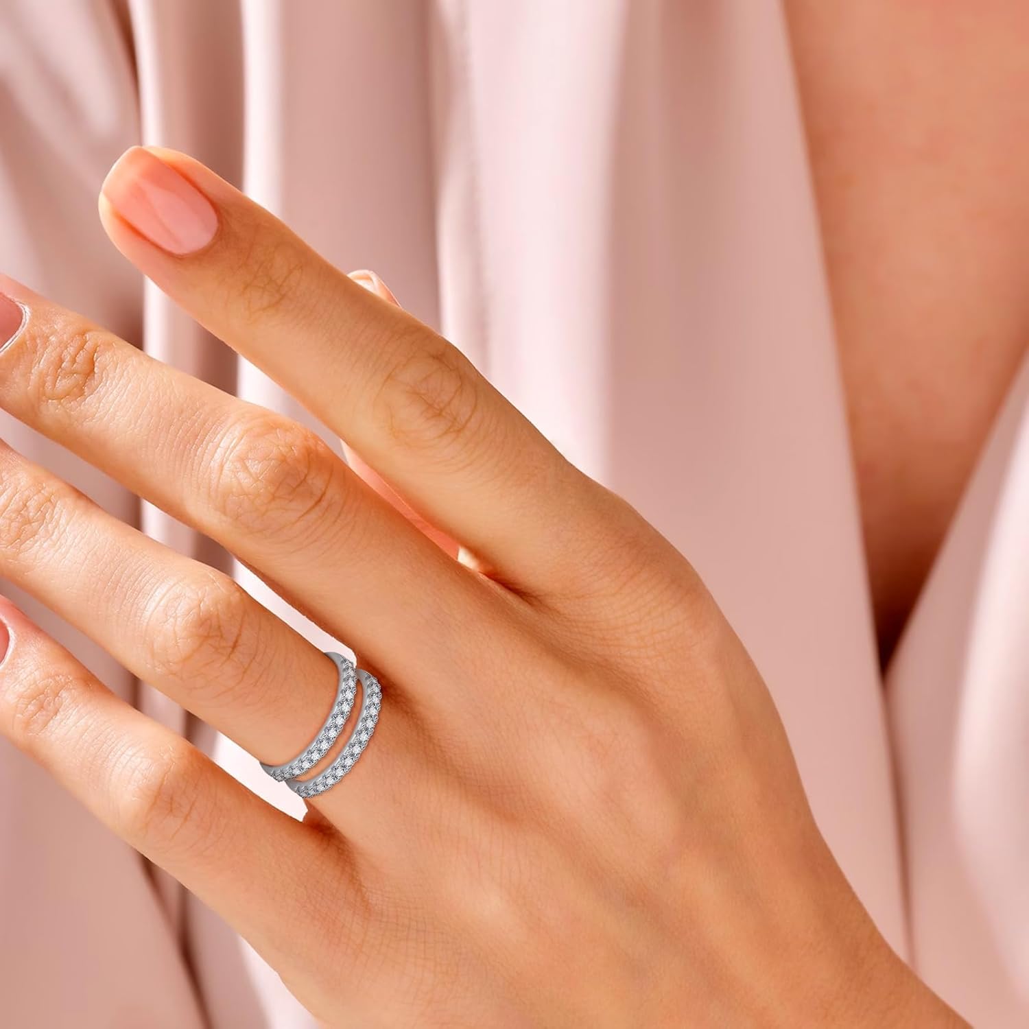 Yaresul 0.6/0.7CT Moissanite Ring Enhancers for Women D Color VVSI Clarity Two Row Round Moissanite Half Eternity Ring, Moissanite Engagement Wedding Rings Enhancers White Gold Plated Size 5-9