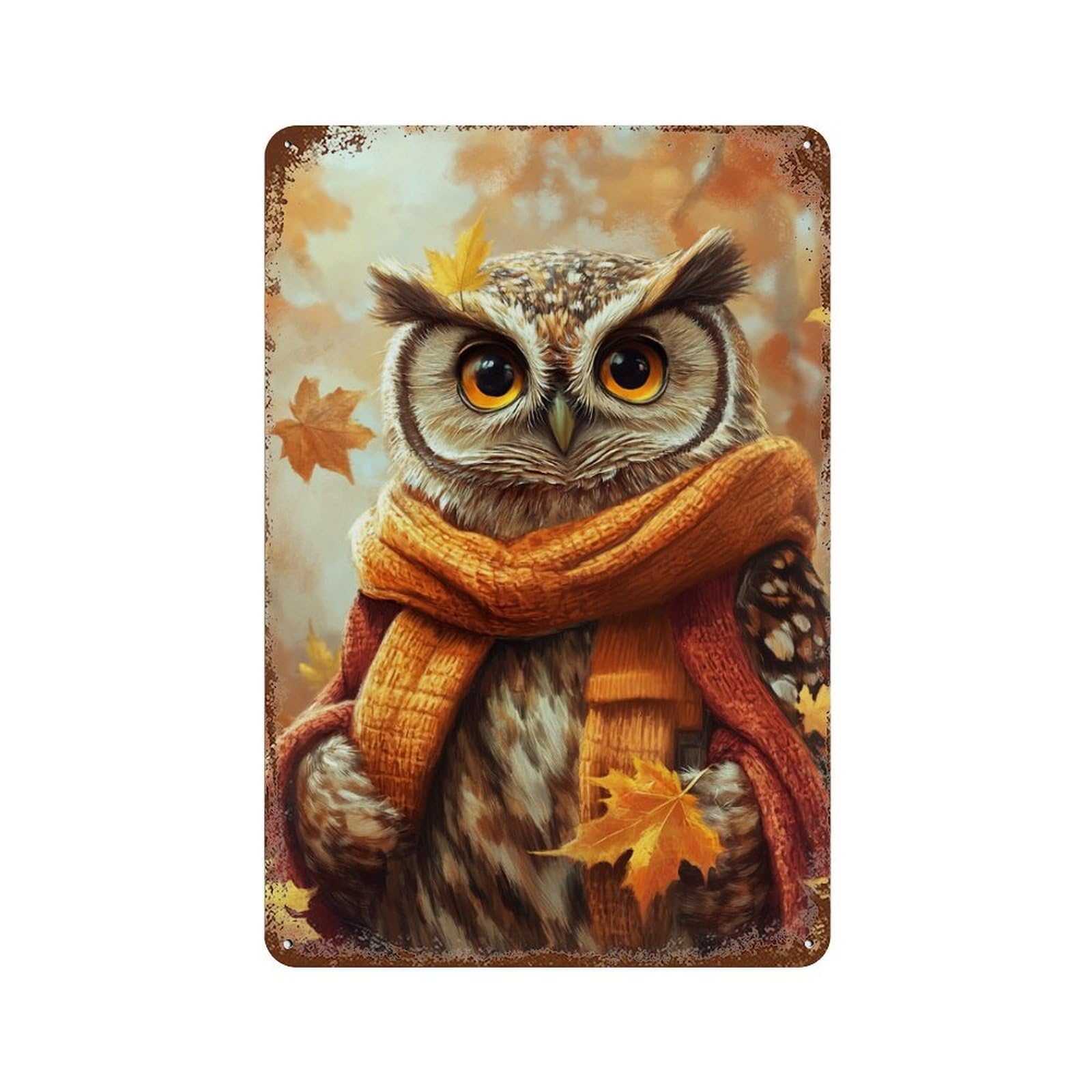 Autumn Owl with Leaves Distressed Metal Wall Sign 11.8"x7.9", for Garage, Bar And Workshop Decor, Decorative Metal Wall Art