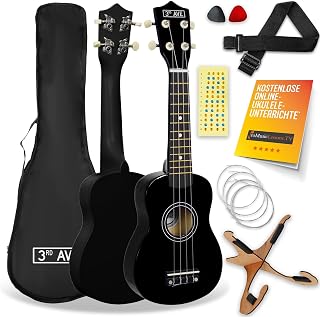 3rd Avenue Sopran-Ukulele mit 54 cm/21“, Anfängerset – Tasche, Ständer, Gurt, Saiten, Plektren und Griffbrett-Aufkleber – in Schwarz – KOSTENLOSE 1-monatige Online-Lektionen