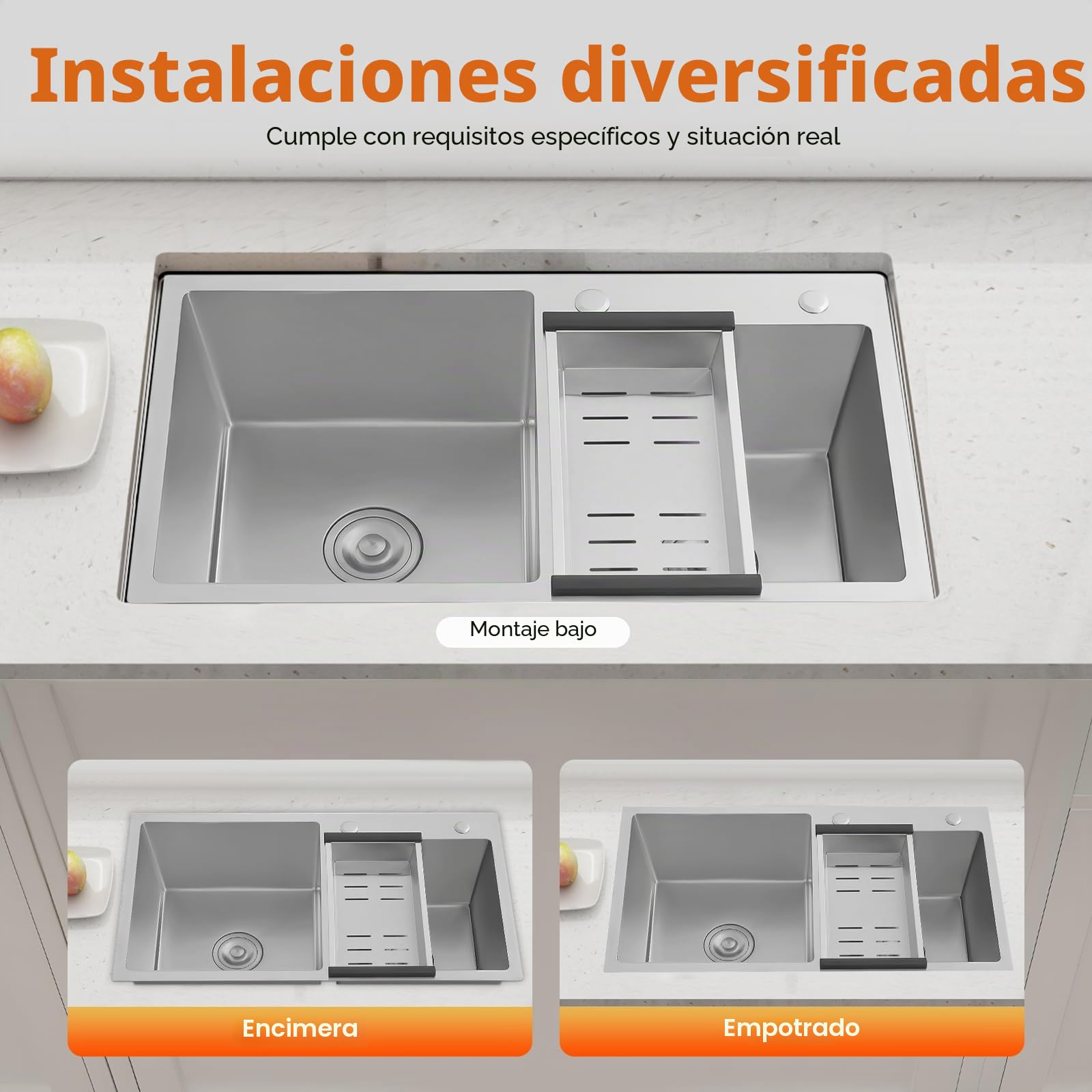 Fregadero doble de acero inoxidable, fregadero de cocina doble con escurridor, bajo encimera de acero inoxidable, fregadero empotrable para cocina, baño, 78 x 43 x 21 cm