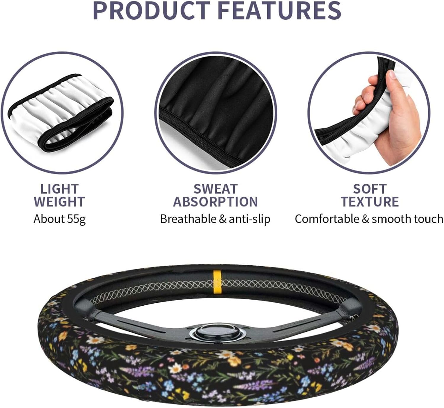 Wildflowers Steering Wheel Cover Black Wildflowers Steering Wheel Protector Neoprene Car Accessories 15inch 2 Pcs Car Coasters for Women Men image 2