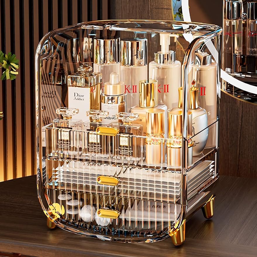 LERFOTMakeup Organizer, Large Capacity Cosmetics Makeup Organizer for Vanity, Dustproof Waterproof Cosmetics Display Case with Drawers for Skincare, Lipstick, Brushes and Jewelry (Large)