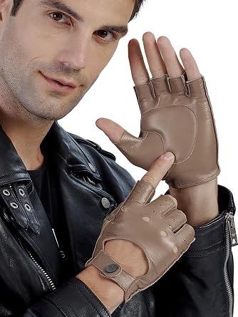 GSG Men's Fingerless Leather Driving Gloves, Half Finger, lambskin