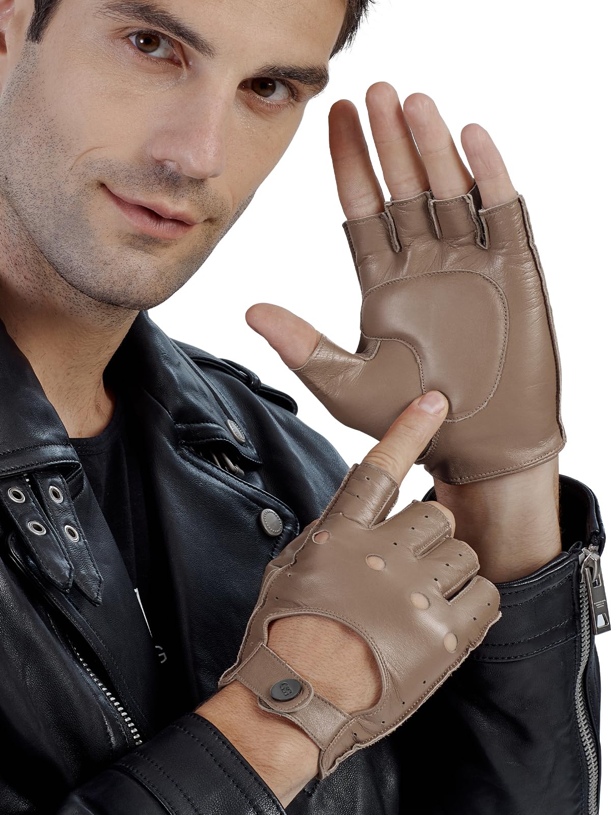 GSG Men's Fingerless Leather Driving Gloves, Half Finger, lambskin