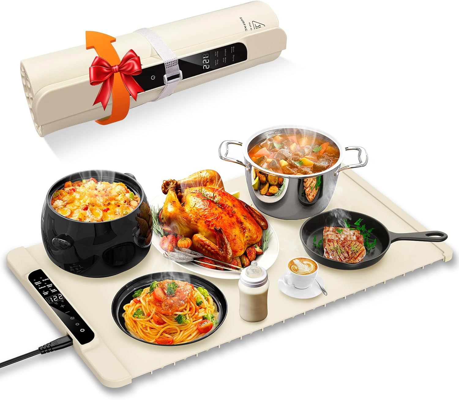 FZF Warming Mat for Food, 40"x15" Extra Large Electric Food Warming Mat, 7 Temp Level and 8 Timer Setting, Rollable Silicone Food Warmer for Buffet, Party, Gatherings (Grey)