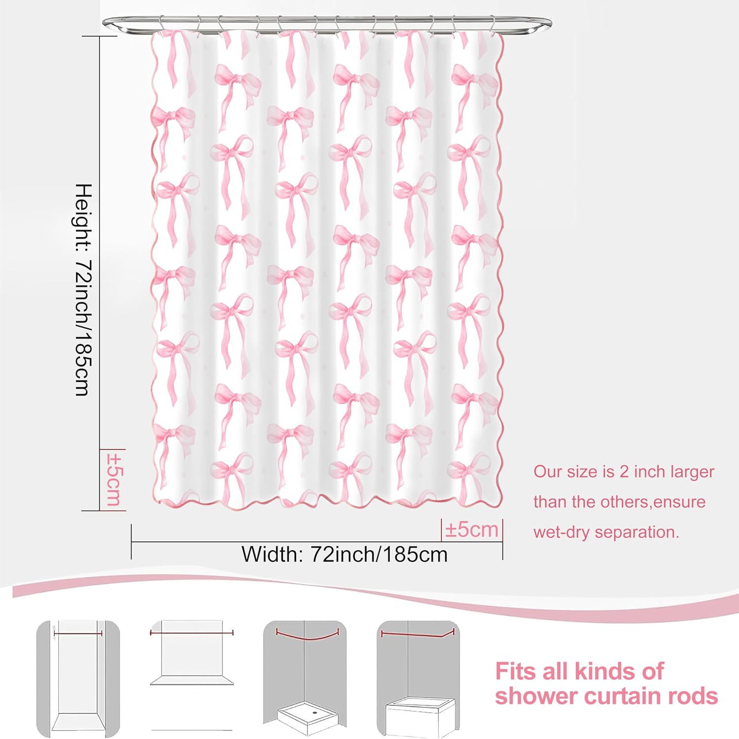 MUGINYU Girls Pink Bow Shower Curtain with Scalloped for Preppy Bathroom Decor,Cute Ruffle Girly Shower Curtains,Coquettecute Chic Aesthetic Shower Curtain Set with Hooks 72x72 Inch