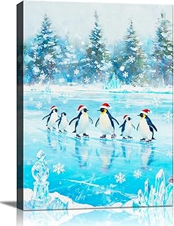 Christmas Penguin Canvas Wall Art - Playful Penguins in Snowy Forest Scene Framed Print for Living Room & Bedroom, Cozy Christmas Wall Decor, Charming Christmas Gifts & Festive Decorations