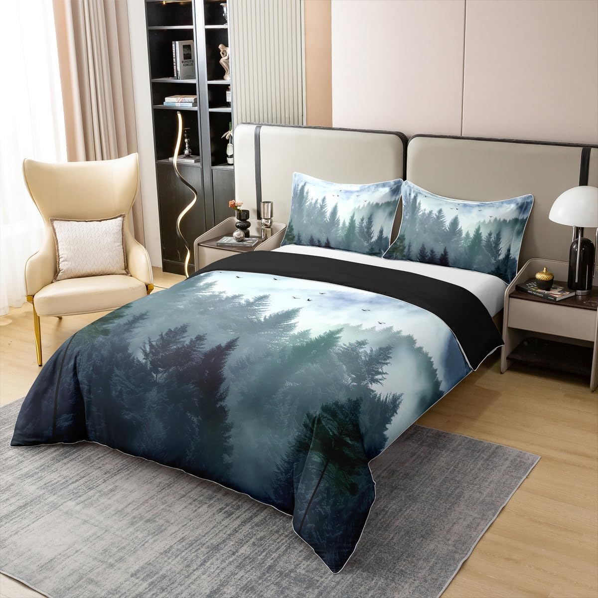Erosebridal 100% Cotton Pine Tree Comforter Cover Twin Size,2Pcs,1 Pillowcase Mist Botanical Duvet Cover Woodland Landscape Bedding Set Nature Trees Comfy Mysteries Wild Animals Birds Bedroom Decor