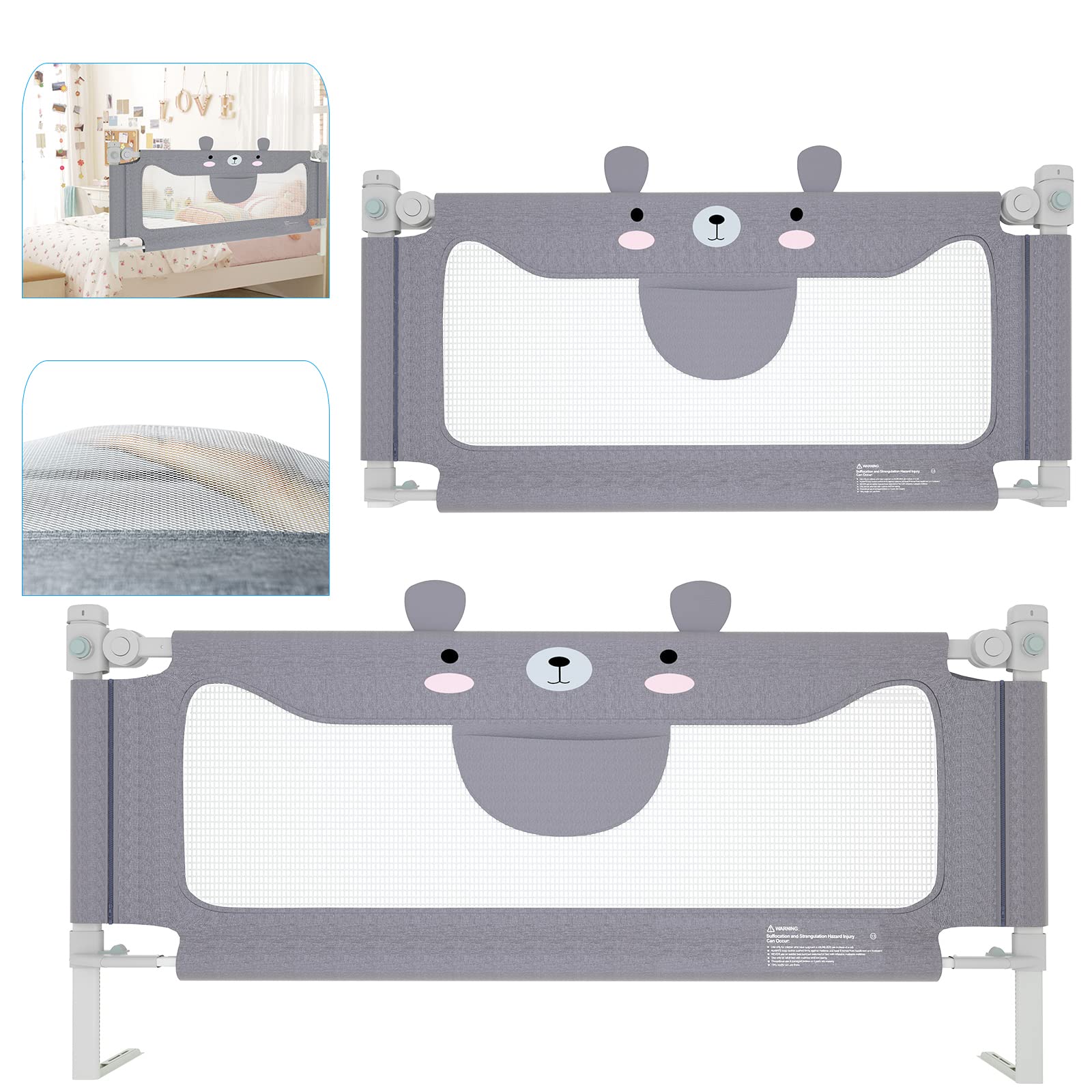 HUOLE Bedhek, met opklapbare barrière, valbescherming, in hoogte verstelbaar 70-99 cm, bedhek voor kinderen, veilig, eenvoudig te monteren, grijs