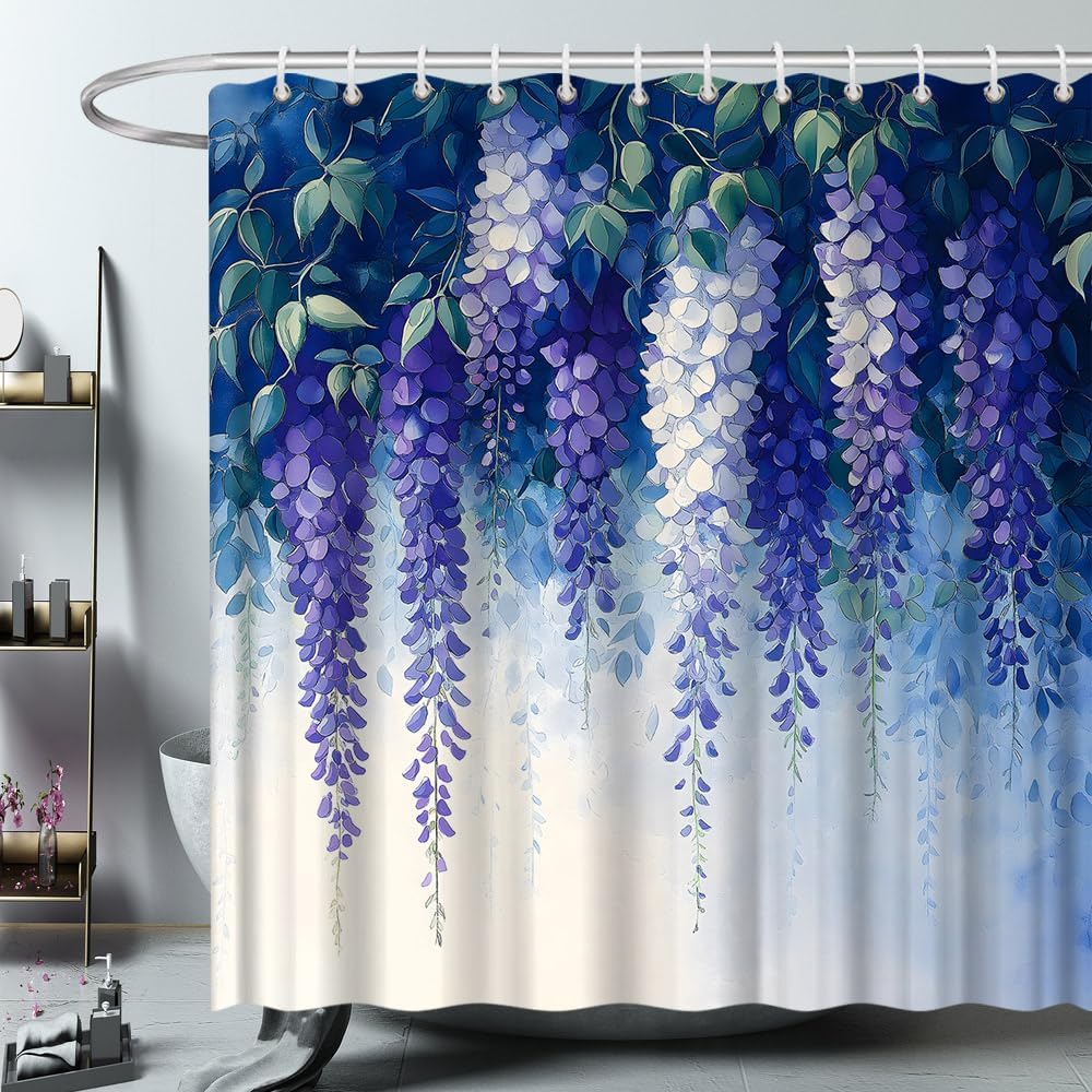 Purple Blue Floral Shower Curtain Spring Lavender Flower Weeping Wisteria Blossom Vine Leaves Watercolor Botanical Bathroom Polyester Curtains Set with Hooks 75x70 Inch
