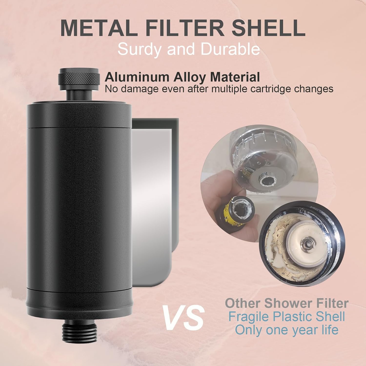 All Metal Shower Filter with a replacement cartridge, 5 Layer Filters, Removes Chlorine and Heavy Metals, Durable, Improves Water Quality, Matte Black showerhead filter