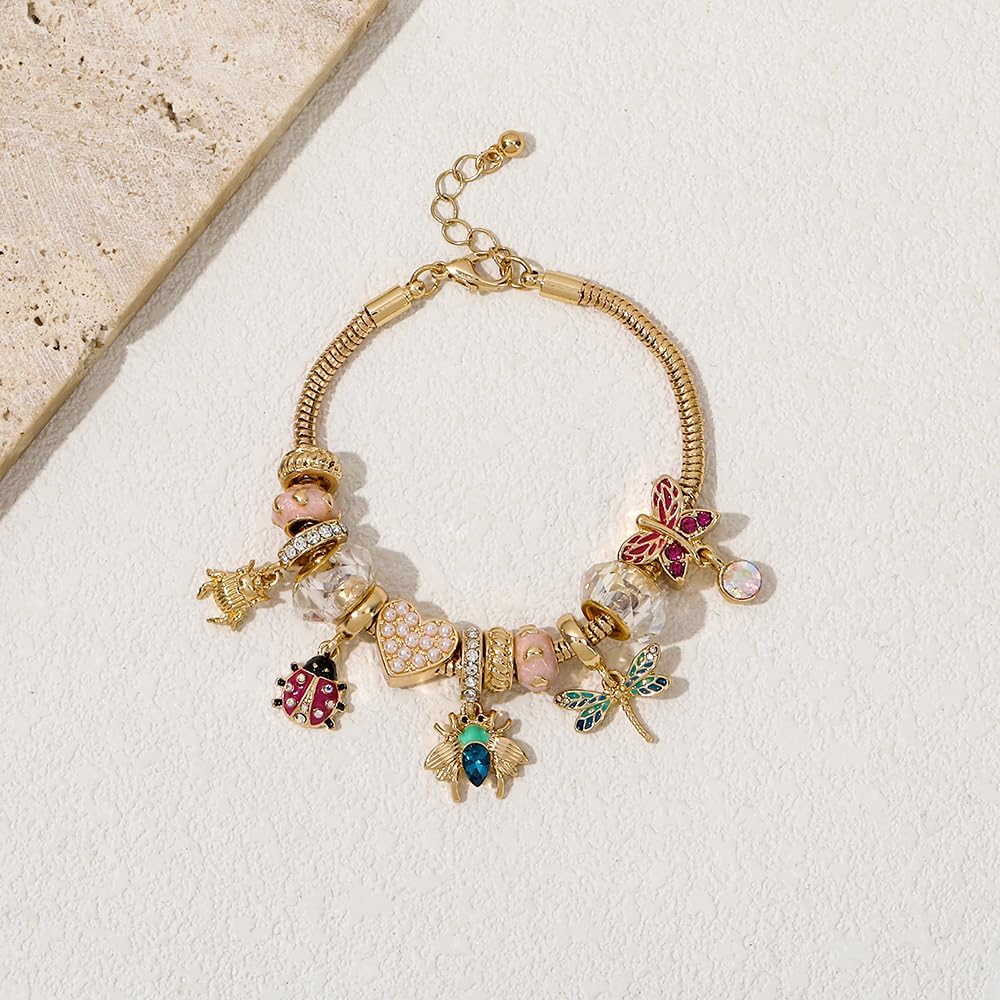 Madison Tyler Gold Plated Bracelet for Women | Butterfly Bee Ladybug Beetle Game Controller Eiffel Tower Beaded Charm Bracelet | Cute Adjustable Snake Chain Bracelet Jewelry