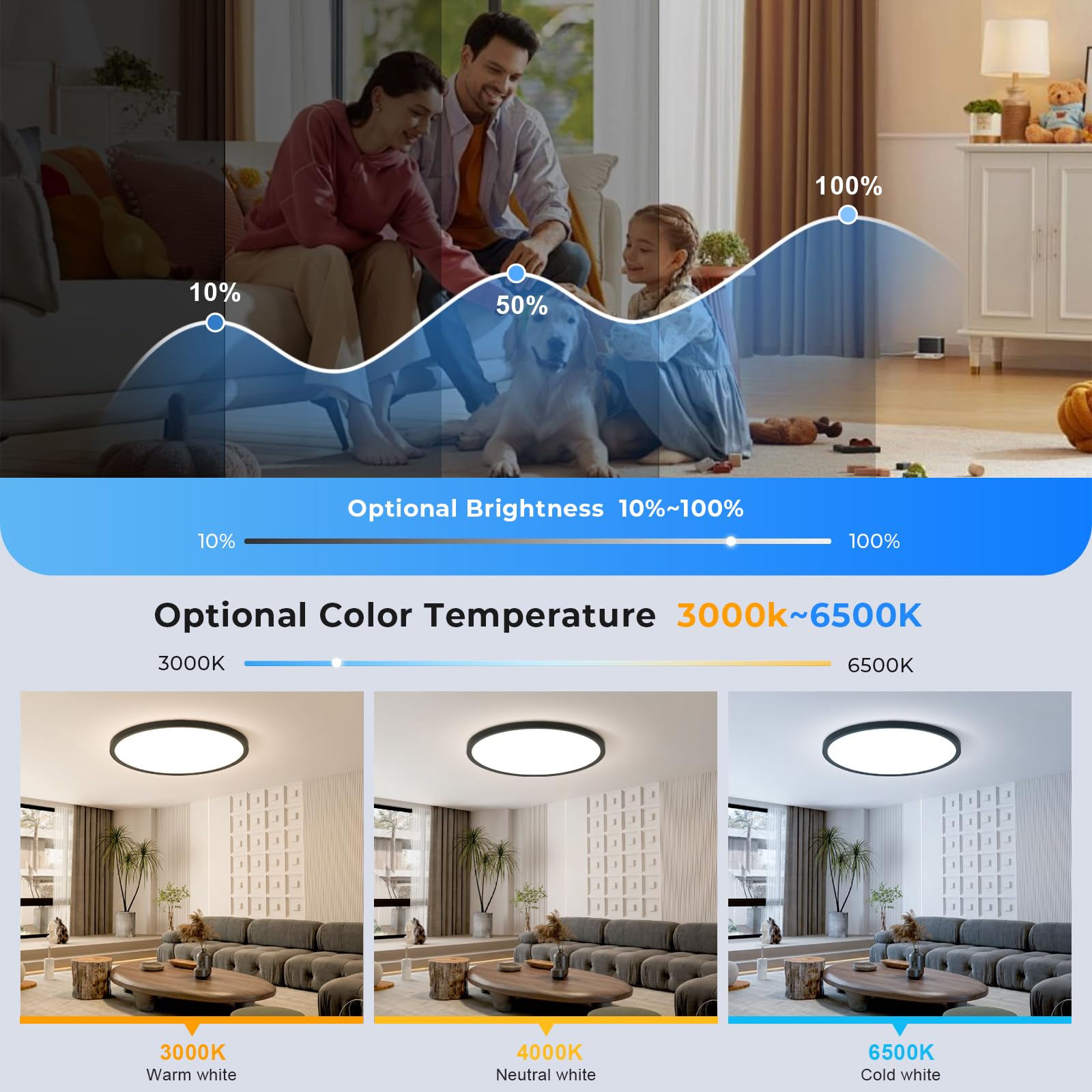 OTREN Lampa sufitowa LED do ściemniania 56 W, 5600 lm, z pilotem, trybem nocnym i funkcją pamięci, czarna 3000 K - 6500 K, wodoodporna IP44, do salonu, biura, kuchni i sypialni, 60 cm