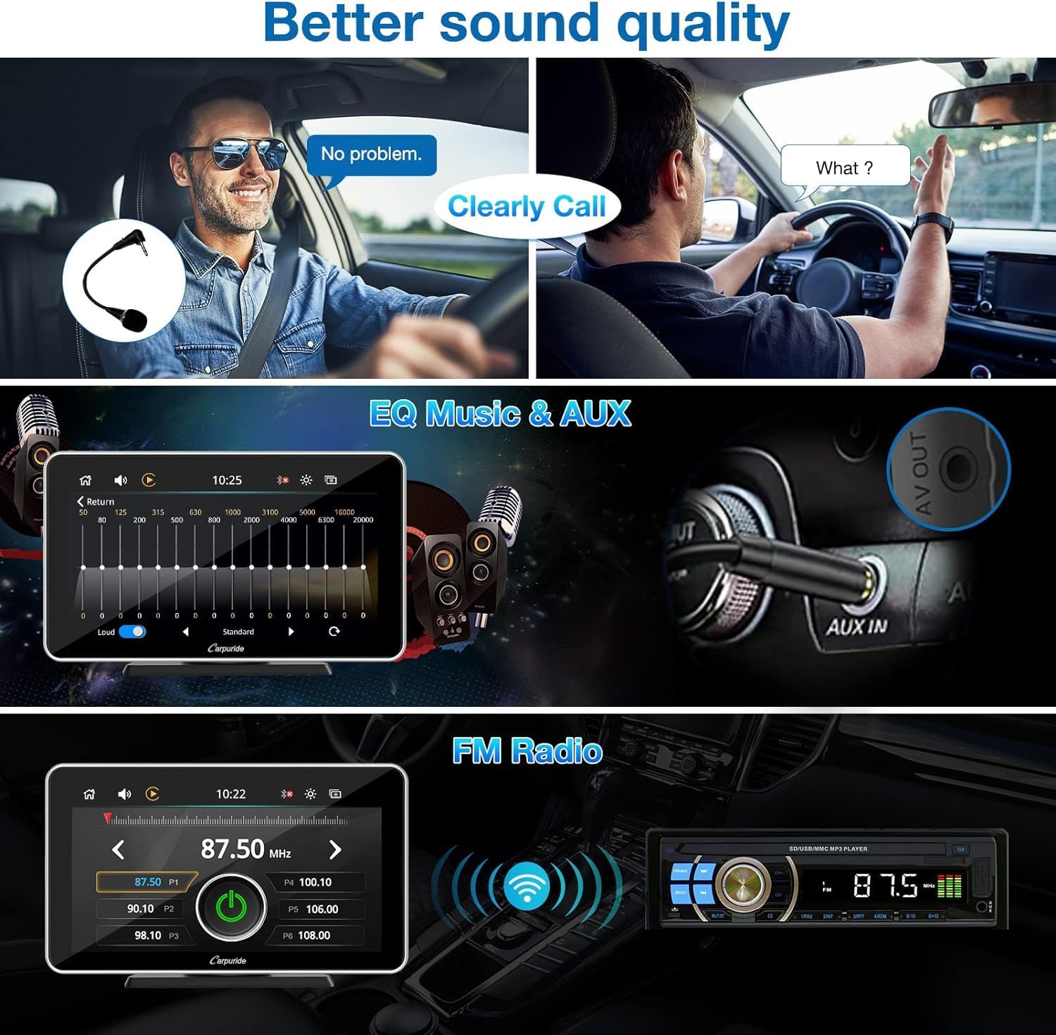 Image illustrating audio output options including AUX connection and FM radio transmission, along with EQ settings.