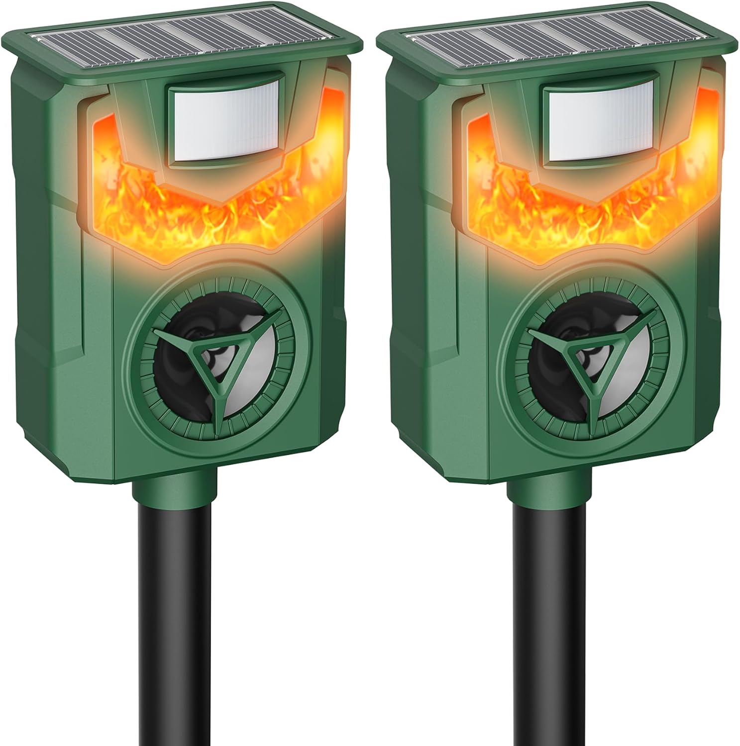 2 Pack Flame Guard Ultrasonic Animal Repellent, Outdoor Cat Deterrent with Motion Activated, Solar-Powered Squirrel, Deer, Skunk, Raccoon, Rabbit and Dog Repeller Waterproof for Yard Farm Garden