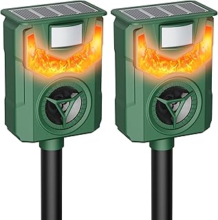 2 Pack Flame Guard Ultrasonic Animal Repellent, Outdoor Cat Deterrent with Motion Activated, Solar-Powered Squirrel, Deer, Skunk, Raccoon, Rabbit and Dog Repeller Waterproof for Yard Farm Garden