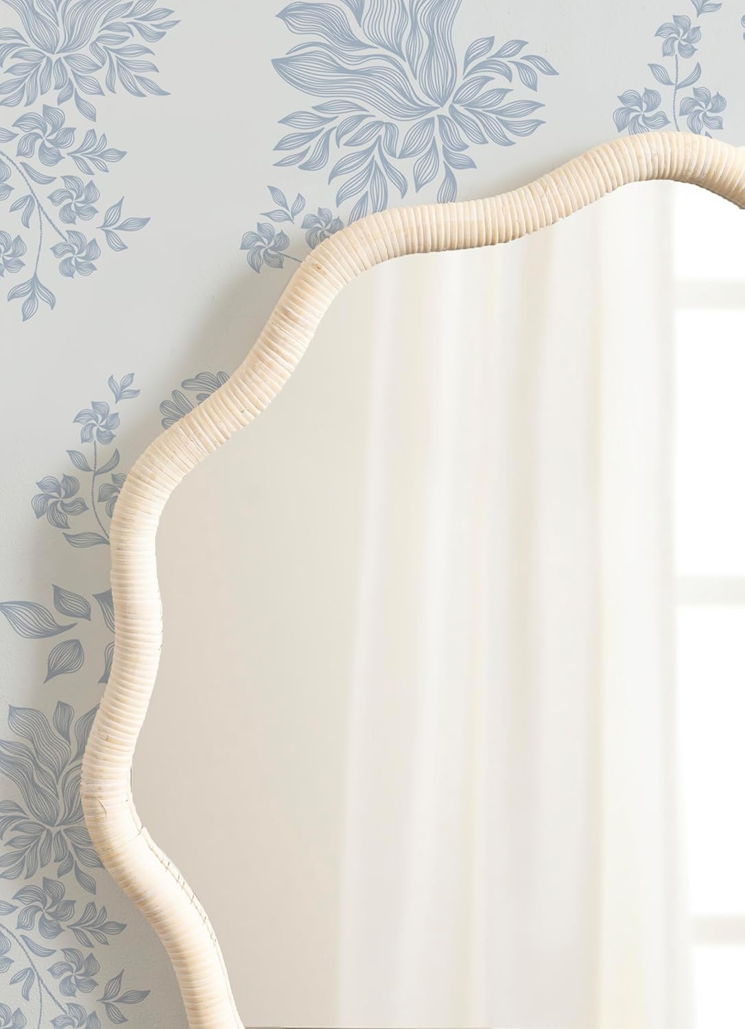 Kate and Laurel Rahfy Boho Scalloped Round Rattan Mirror, 32 Inch Diameter, White, Decorative Round Wavy Mirror with Authentic Rattan Frame for Boho Wall Decor