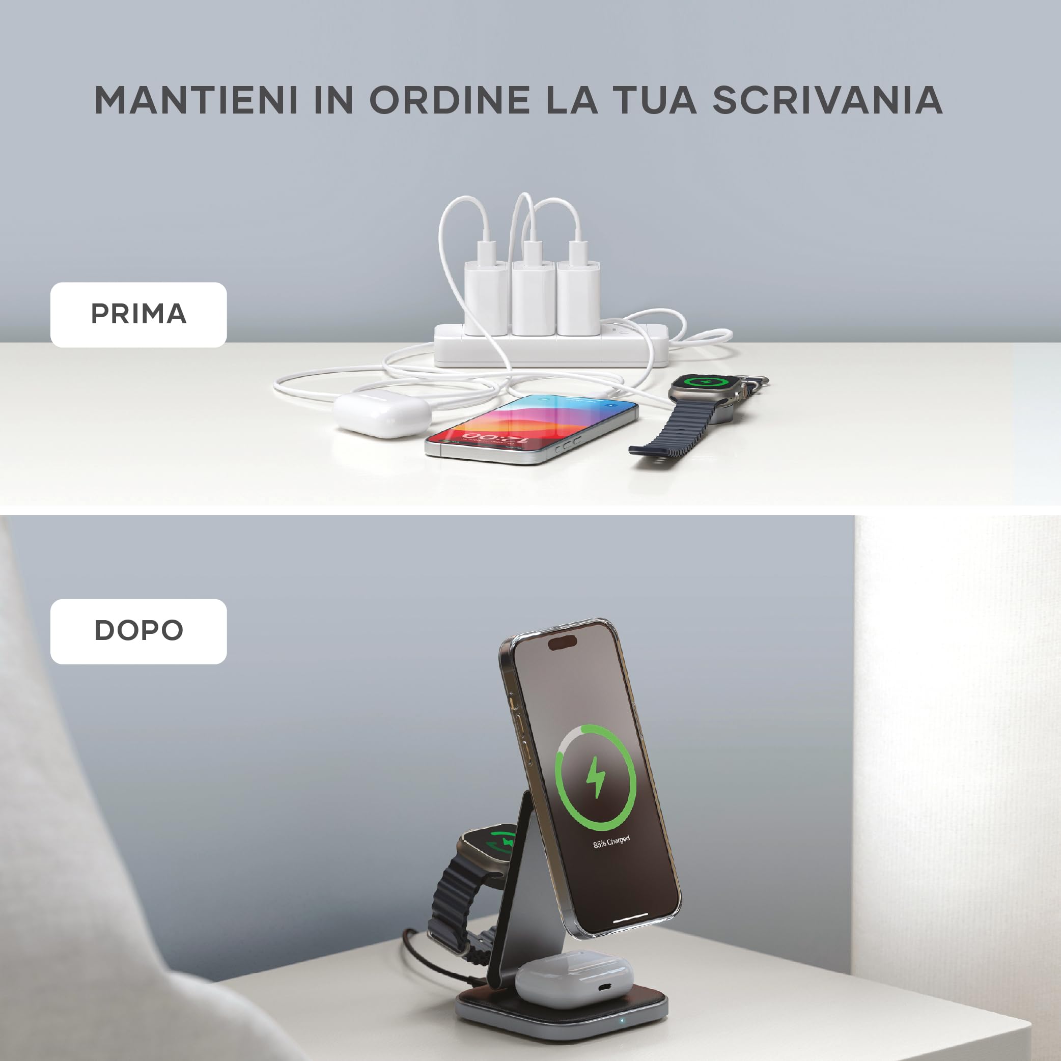 SATECHI 3 in 1 Qi2 Caricatore Wireless Pieghevole 15W | Supporto pieghevole da viaggio, compatibile con iPhone 17-12, Apple Watch e AirPods con ricarica wireless
