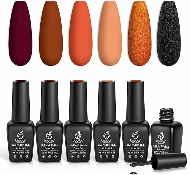 beetles Gel Polish- Orange Gold Yellow Glitter Gel Polish 6 Colors Purple Black Nail Gel Polish Kit Soak Off Nail Lamp Gel Nail Kit Varnish Manicure DIY Beauty Gifts Valentine