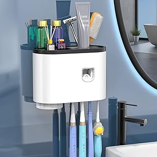 Wall-Mounted Toothbrush Holder for Bathrooms, Toothpaste Dispenser Squeezer Kit for Kids & Family Space Saving, Black Tooth Brushing Holder with 1 Cup 4 Brush Slots and 1 Tray Organizer