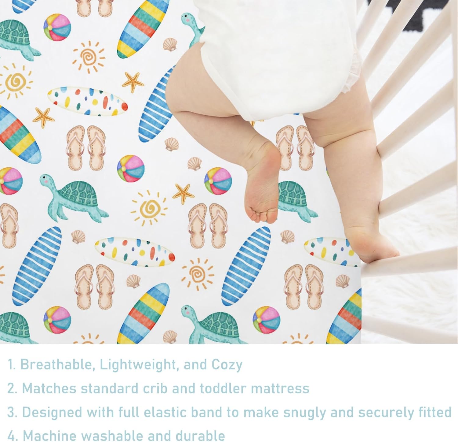 Boho Summer Beach Surf Baby Crib Sheet 52''x28'' Colorful Surfboard Sun Turtles Stretchy Fitted Crib Mattress Sheet for Boy Girl Holiday Soft Baby Bed Sheets for Standard Crib and Toddler Mattress