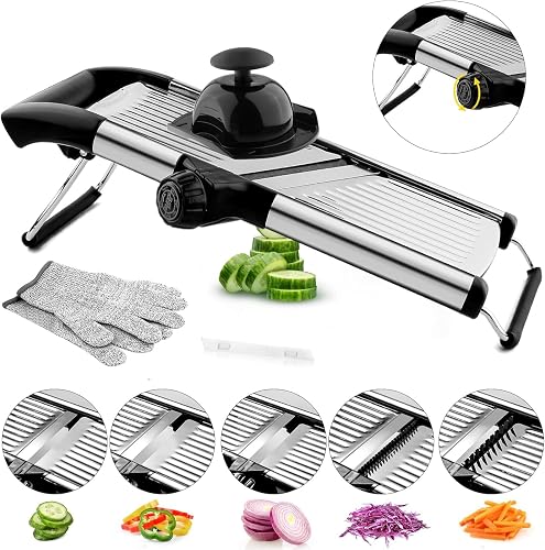 VEKAYA Mandoline Slicer, Mandoline Slicer for Kitchen, Adjustable Mandolin, Stainless Steel Mandoline, Vegetable Slicer, Potato, Onion, Cucumber, Tomato, Veggie Slicer with Cut-Resistant Gloves - Silver