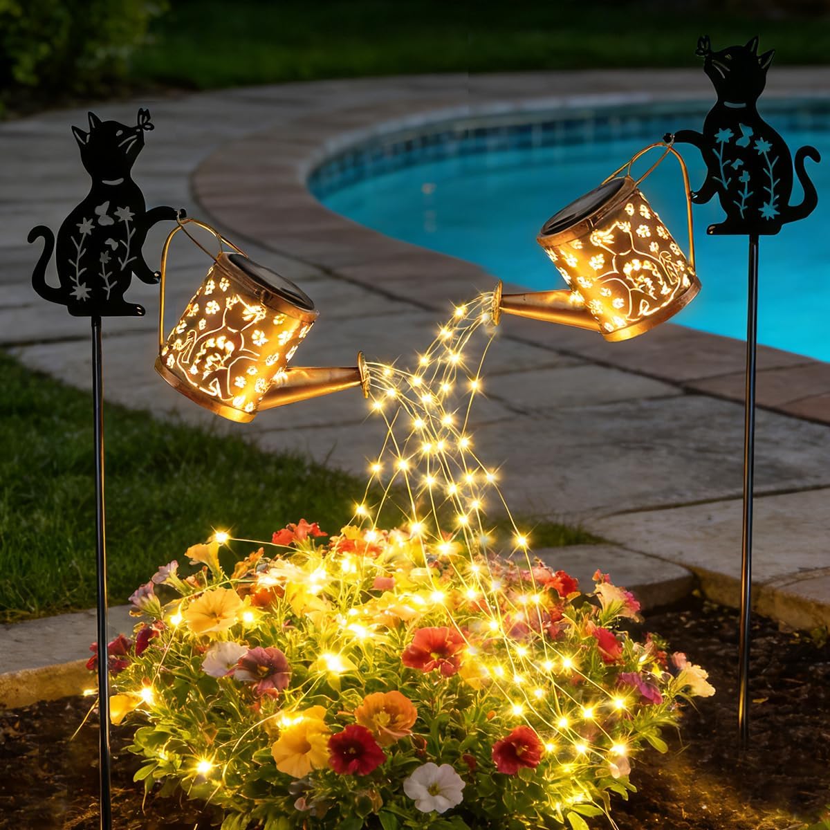 Solar Outdoor Garden Decorative Watering Can with Light, Featuring Metal Cat Silhouette Garden Stake, Waterproof Garden Decor,for Lawns, Pathways,Garden Gift for Women