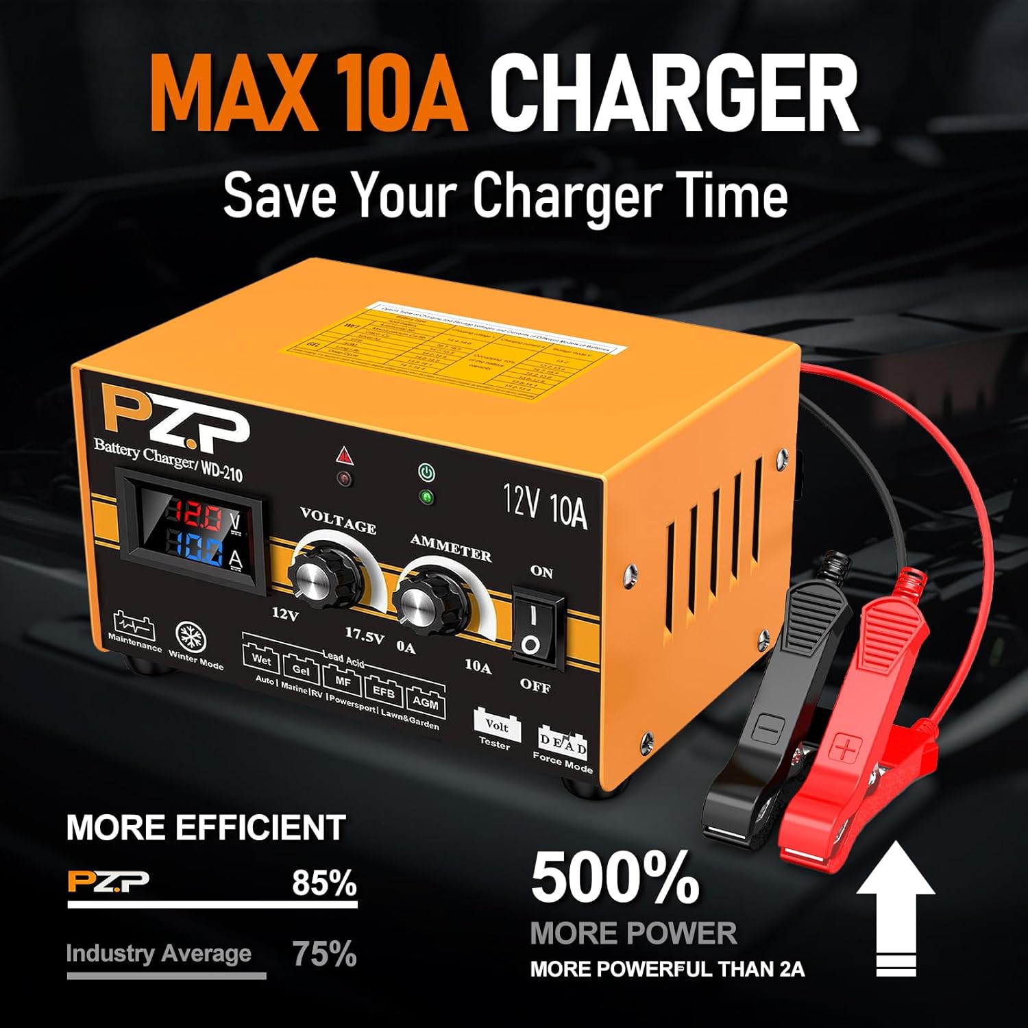 PZP 12V Manual Battery Charger Maintainer, 0 to 10A Arbitrarily Adjustable Car Battery Trickle Charger, Battery Desulfator with Repair, Winter Mode, Suitable for Lawn Mower, AGM, Deep Cycle Batteries