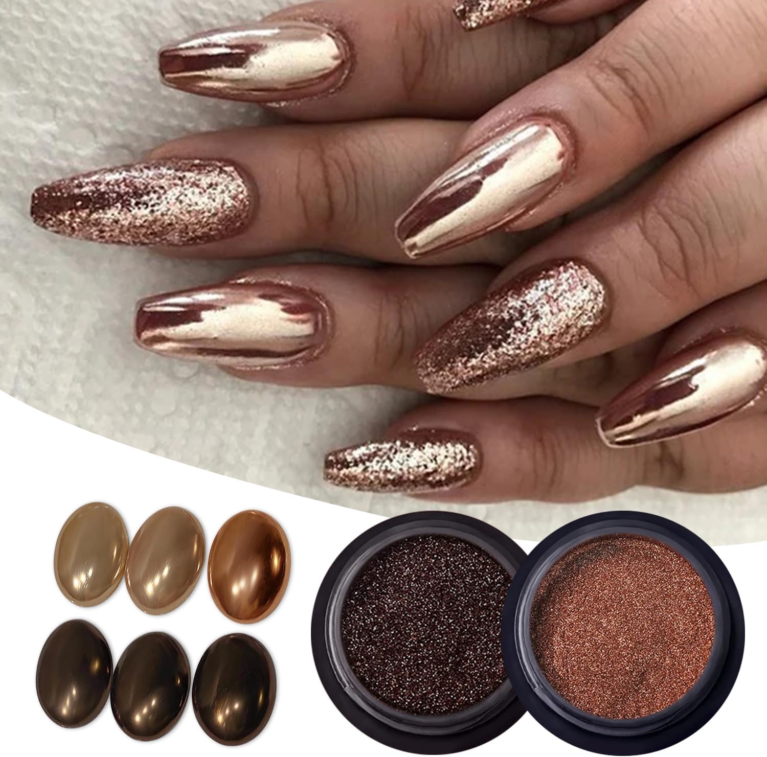 2Pcs Brown Apple Gold Chrome Nail Powder Black Coffee Nail Glitter Dust for Gel Polish Glazed Chocolate Metallic Mirror Effect Holographic Acrylic Pigment Winter Nails Art Design Decorations