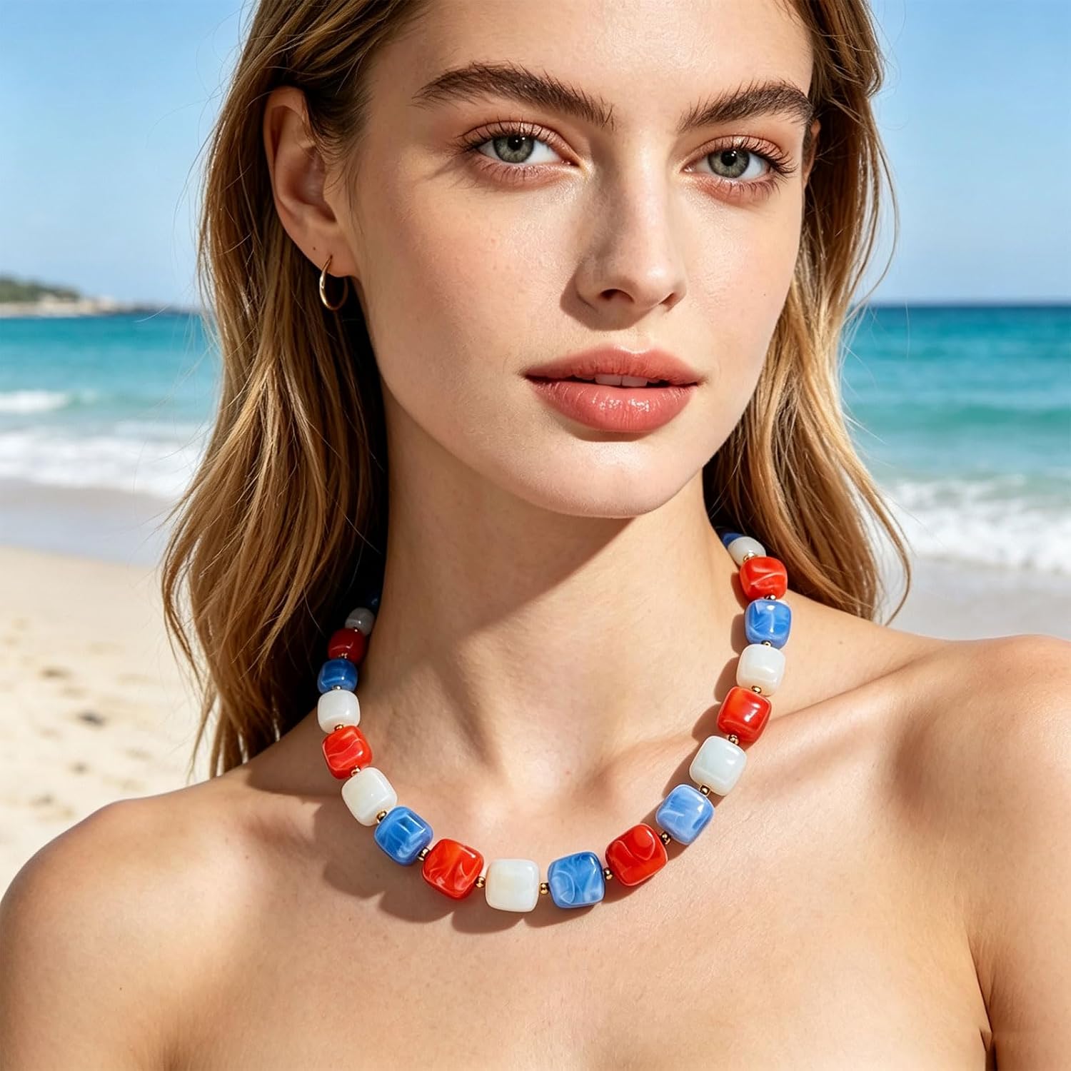 Chunky Beaded Necklace for Women Boho Statement Choker Necklace Trendy Resin Beads Summer Beach Jewelry Gifts
