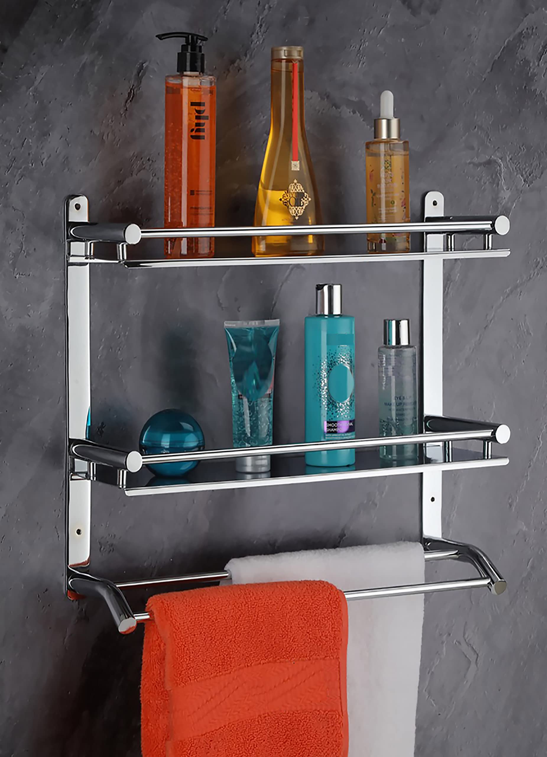 Doozy Stainless Steel Double Layer Shelf with Towel Road,Multipurpose Wall Mount Bath Shelf Organizer,Kitchen Shelf/Bathroom Shelf and Rack/Bathroom Accessories (B091P6G7TZ) Amazon Price History, Amazon Price Tracker