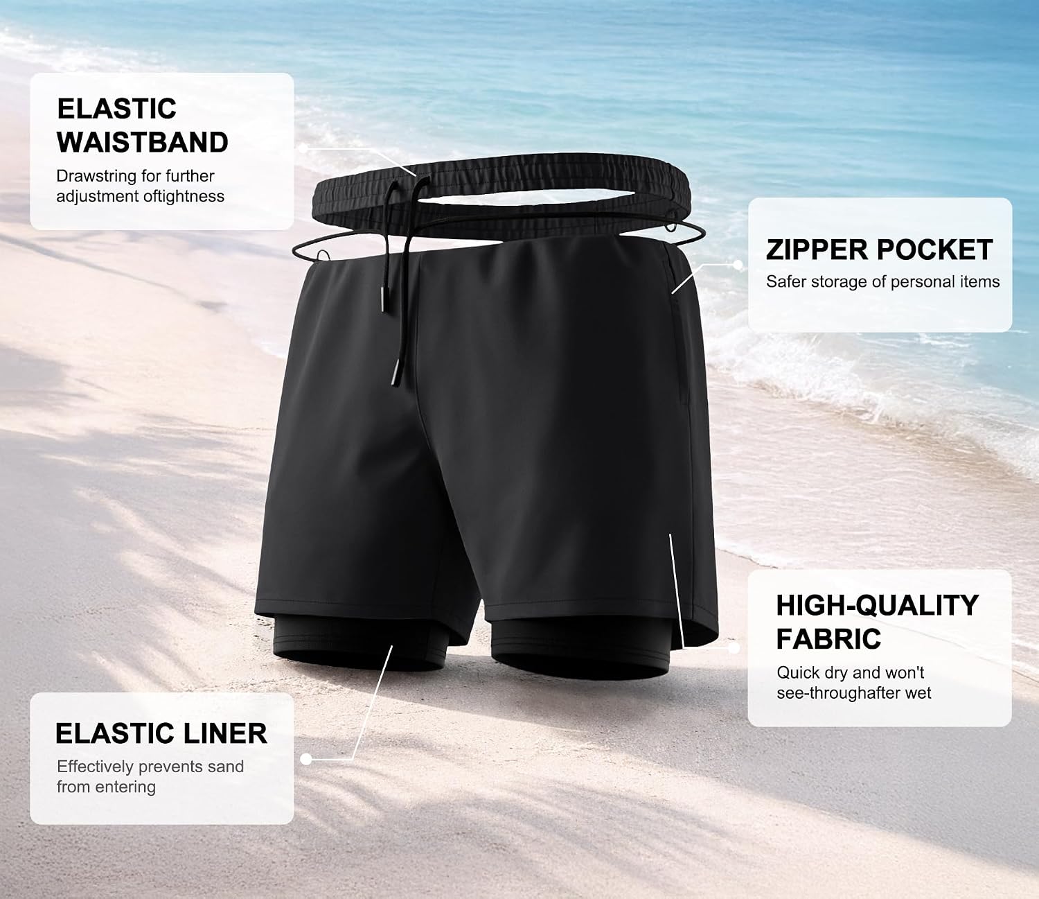 RQP Mens Swim Trunks with Compression Liner 6 Inch Quick Dry Mens Bathing Suit with Zipper Pockets