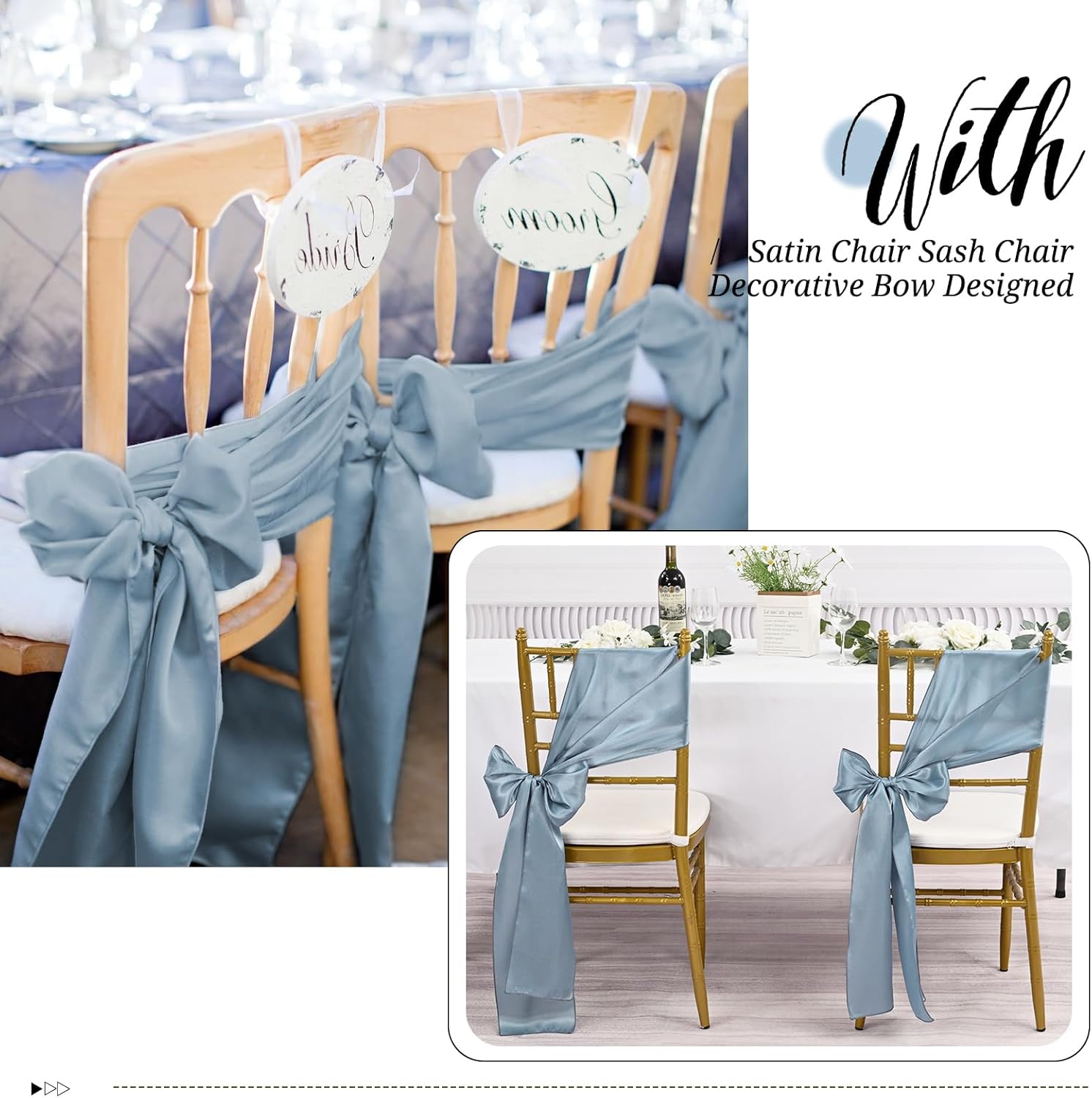 Pesonlook 50Pcs Satin Chair Sashes Ties, Dusty Blue Satin Chair Sashes Bows Chair Cover Back Tie Supplies for Wedding Reception Events Banquets Party, Hotel Event, Chairs Decoration