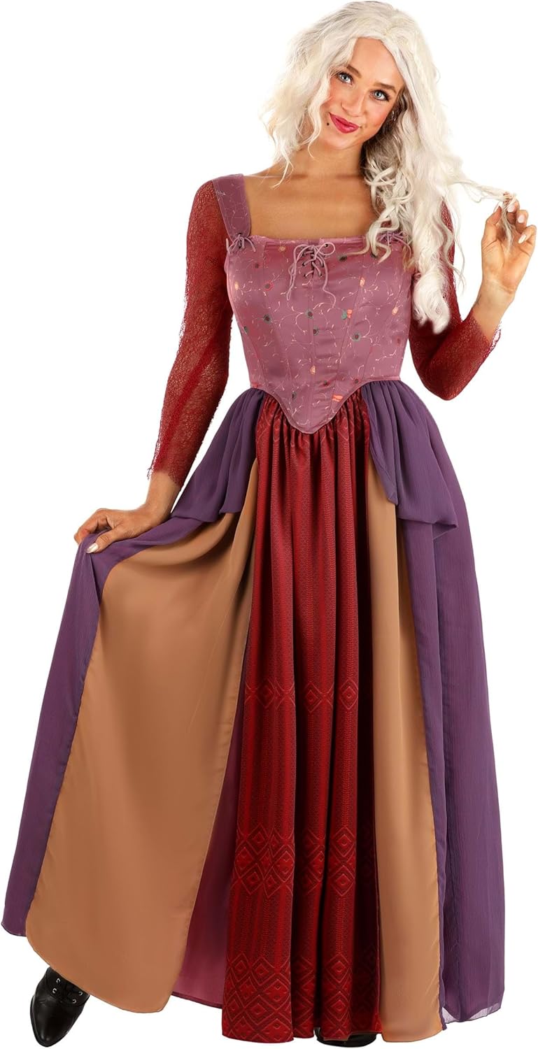 Women's Deluxe Hocus Pocus Salem Halloween Costume - Sarah Sanderson Dress, Satin Bodice, Faux Suede Lacing