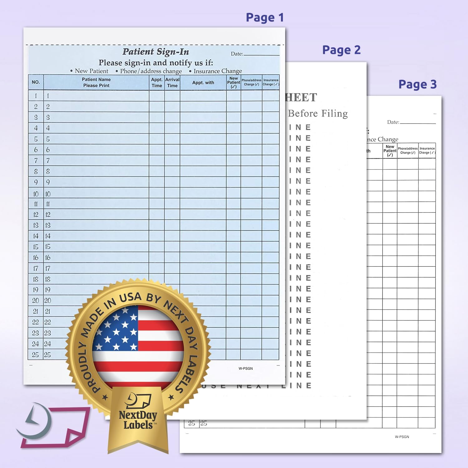 NextDayLabels Patient Sign-in Sheets - HIPAA Compliant, 3-Part Carbonless NCR Forms - 25 Sets, 625 Labels - Confidential Medical, Dental, Health Office Use - Made in USA - Blue