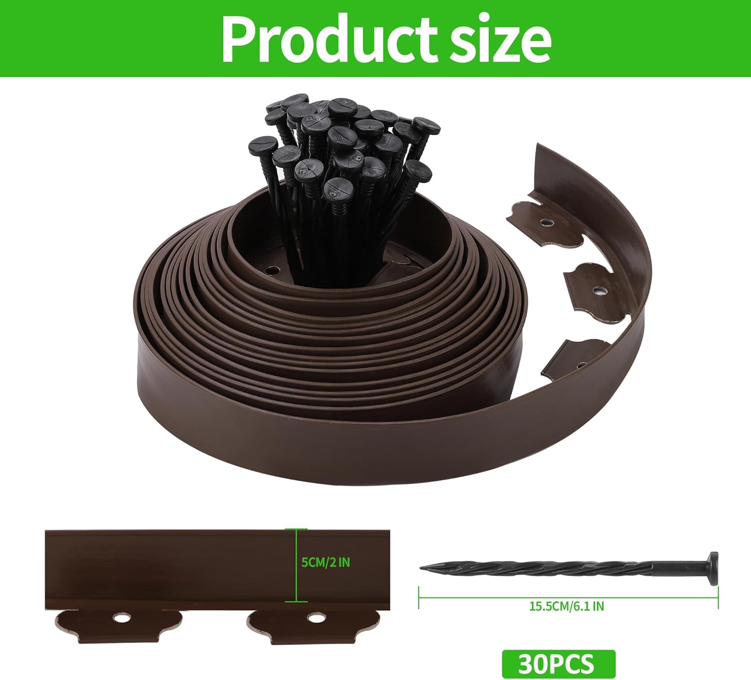 Landscape Edging Kit Flexible Lawn Edging, Landscape Edging Border 66 FT with 60 Spikes, 2" Tall No Dig Garden Edging Roll for Landscaping Flower Beds Yard Pathway (2IN x 66FT, Brown)