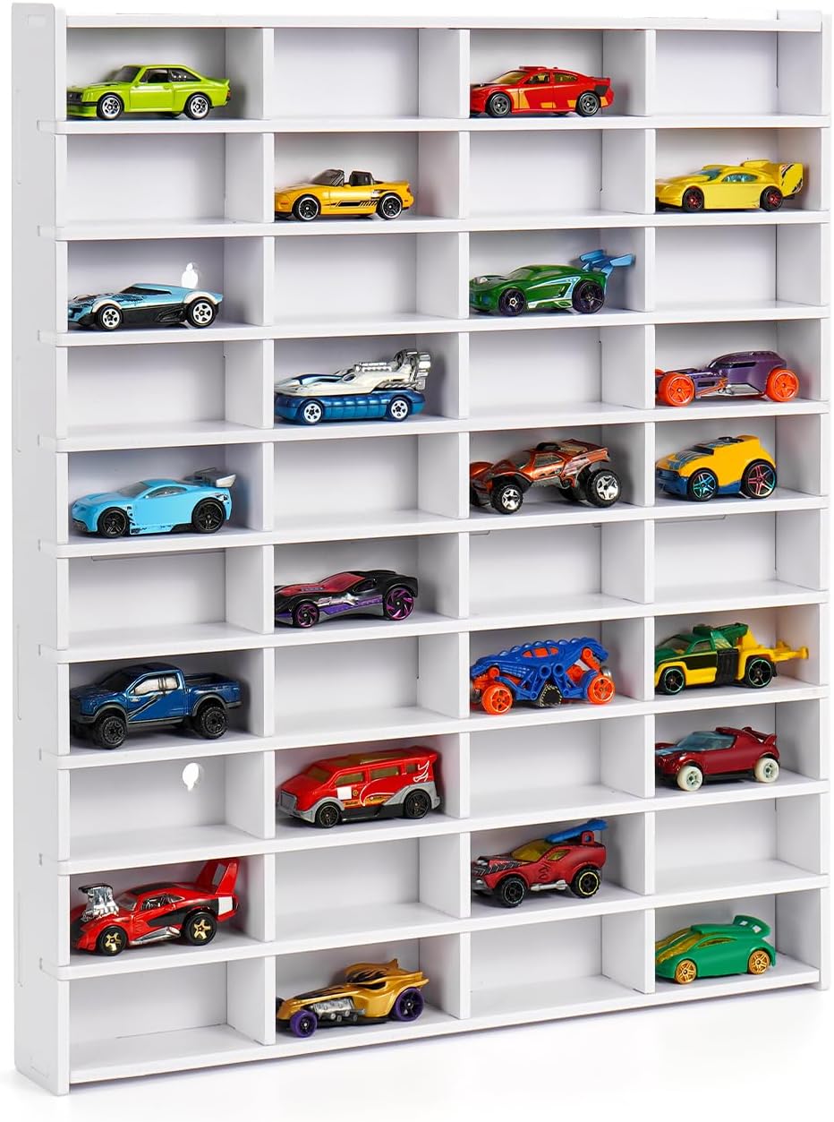 Toy Car Display Shelf, Holds 40 Diecast 1/64 Toy Cars, Wall Mount Model Car Storage Organize Case White 1/64 Toy Car Display Shelf