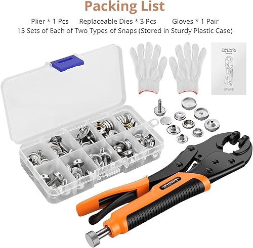 Miniatura 6 de Kamtop Kit de cierre a presión resistente, alicates ajustables con 30 juegos de broches de presión, botones a presión, herramienta de instalación de