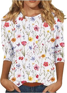 Womens Tops 3/4 Sleeve Soft Comfy Crew Neck Shirt Boho Floral Print Blouse Summer Tops for Women 2025