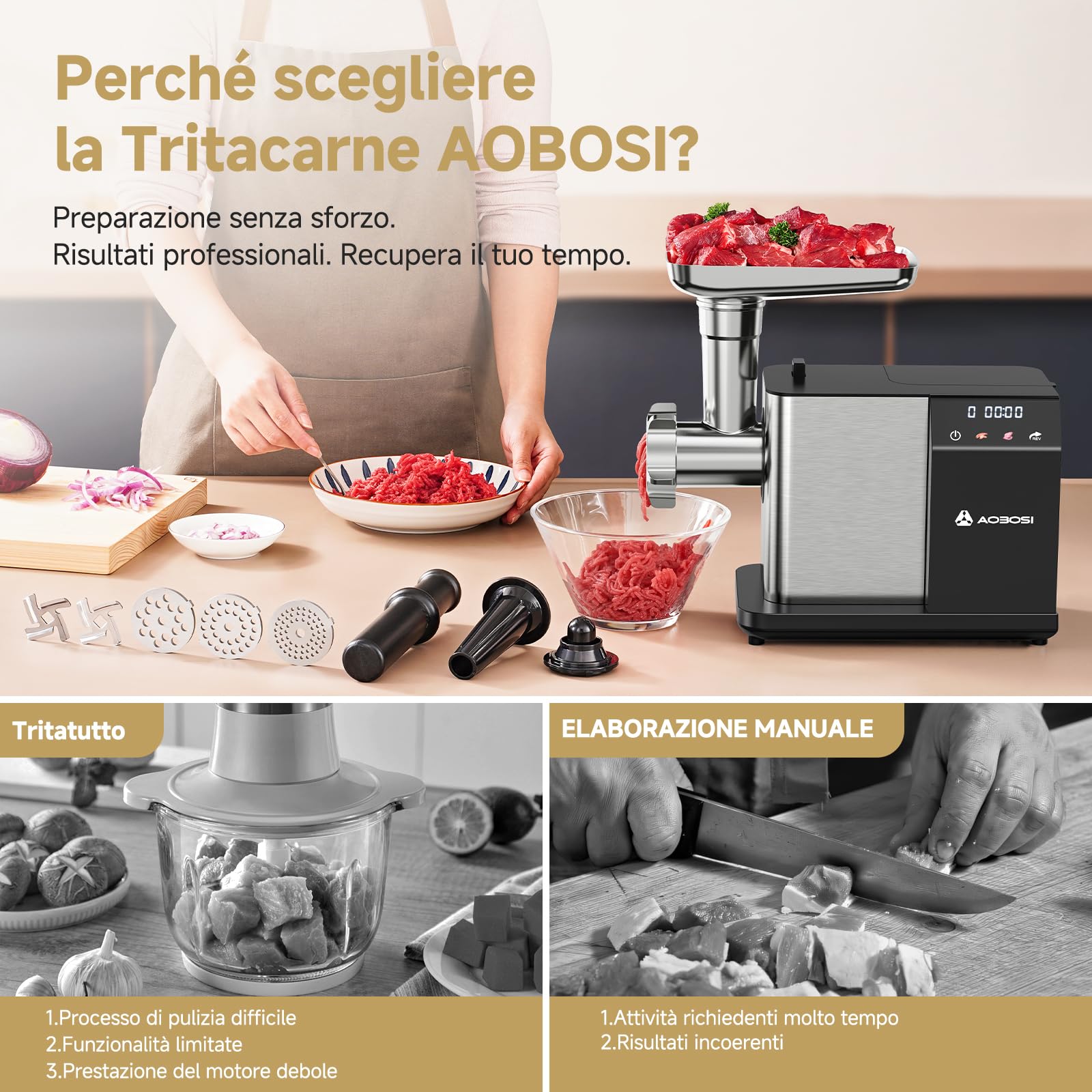 AAOBOSI Tritacarne Elettrico [3000W MAX] Con Display LED, 3 Velocità, Tritacarne Con Sistema Anti-Ostruzione,Scatola Portaaccessori Interna, Può Fare Salsicce & Kibbe, Ideale Per Casa