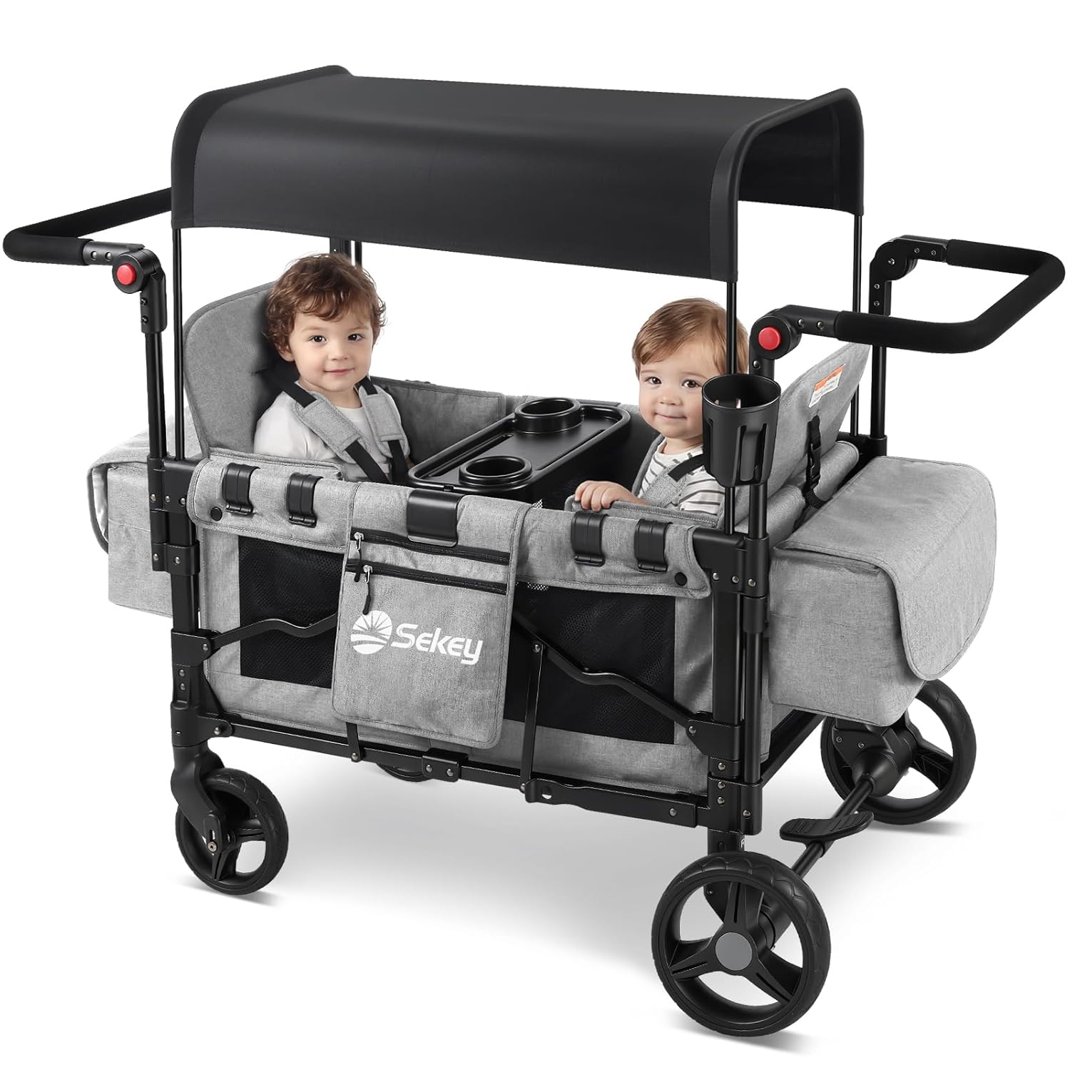 Sekey Wagon Stroller for 2 Kids, Luxury 4-in-1 Stroller Wagon - Premium Quality with Convertible Seats, Adjustable Push Handles, Removable Canopy, Cup Holder, Snack Tray & Cooler, US Certified.