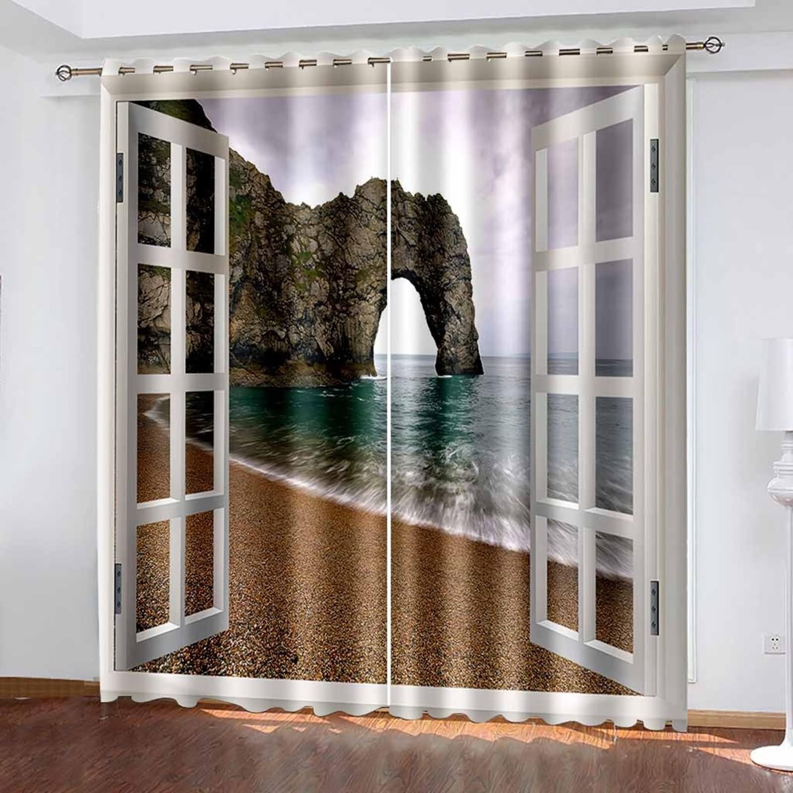 Zasłony zaciemniające, zasłony brązowe białe okno rama okienna krajobraz oceaniczny poliester zestaw 2 szt. 172 x 214 cm