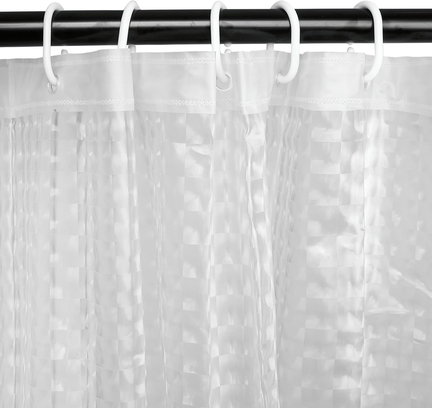 Image of a white shower curtain hanging on a black shower rod with white hooks.