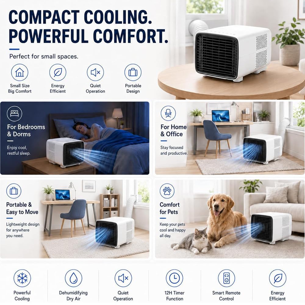 Condizionatore Portatile da Viaggio 3000BTU Timer 12H | 3-in-1 Freddo/Ventola/Deumidifica,Silenzioso 45dB,Timer 12H & Telecomando,Materiale ABS Antiurto,per Camper Van Dormitorio