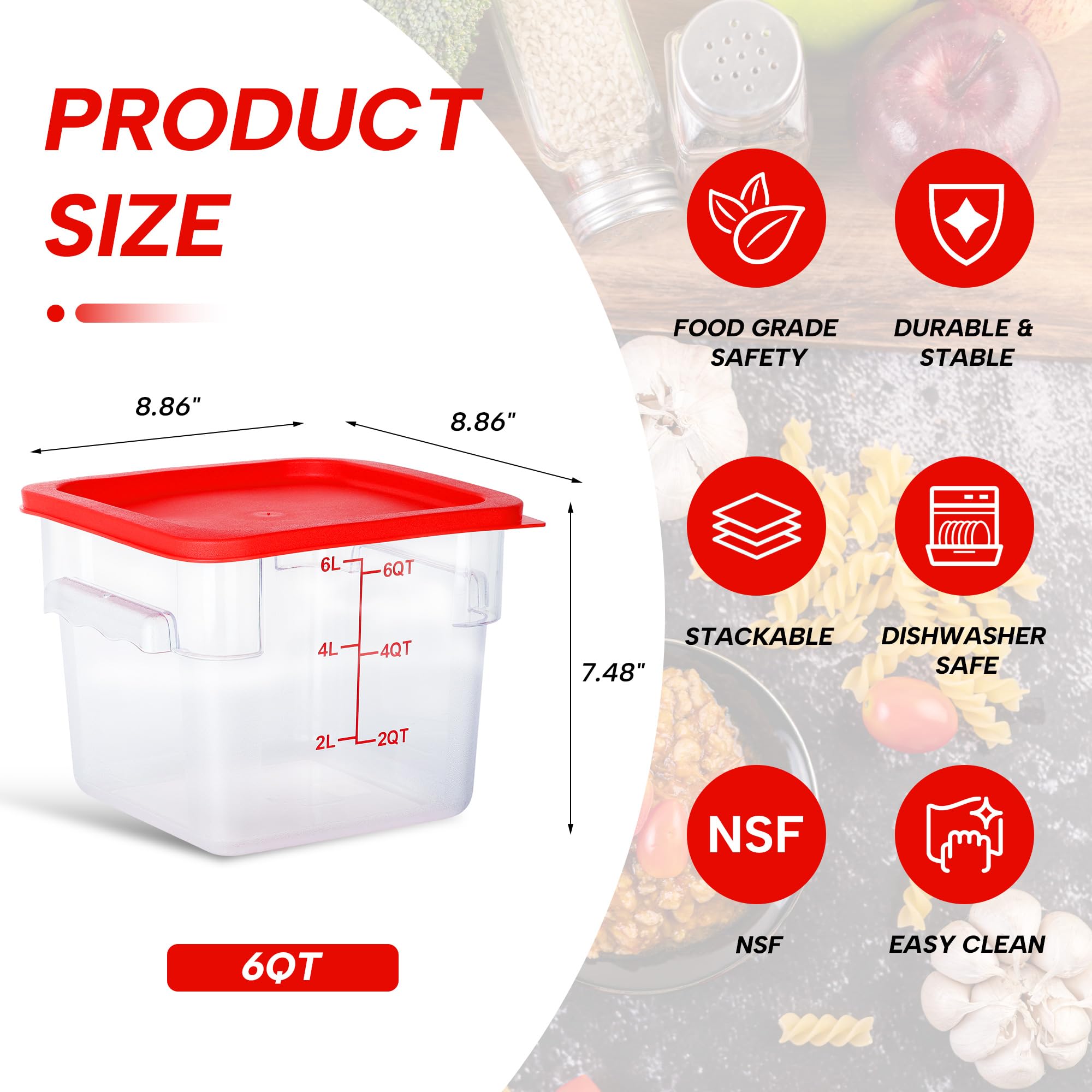 Lot de 4 boîtes de conservation alimentaire de 6 litres avec couvercles, organisation alimentaire NSF, carrées, transparentes, polycarbonate