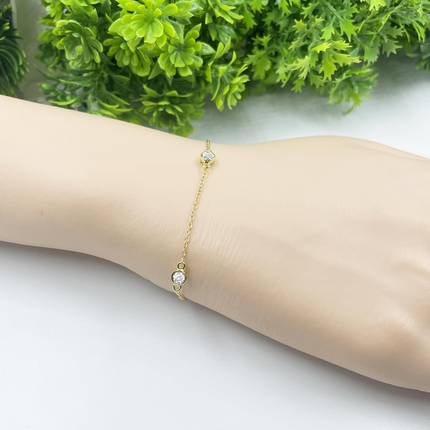 3- Stone Diamond Solitaire Bracelet For Women 14K Gold Finish Bezel Set Diamond Chain Bracelet, Ladies Three Stone Bracelet