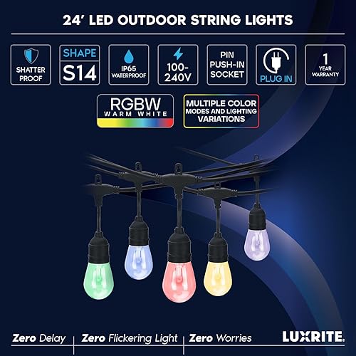 Miniatura 8 de LUXRITE Tira de luces LED RGBW de 24 pies, control remoto, luces de café que cambian de color, resistente al agua de grado comercial, 12 bombillas